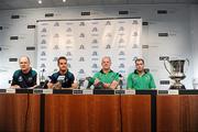 27 October 2011; Rodney Eade, left, and Brad Green, the Australian coach and captain, with the Ireland manager Anthony Tohill and vice captain Ciaran McKeever and the Cormac McAnallen Cup at a press conference ahead of their first International Rules match against Australia on Friday October 28th. Pre match press conference - International Rules Series 2011, Etihad Stadium, Melbourne, Australiaa. Picture credit: Ray McManus / SPORTSFILE