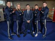 27 April 2017; Bernard Dunne, centre, pictured at his announcement as the High Performance Director for Irish Athletic Boxing Association, with boxers, from left, Darren O'Neill, Christina Desmond, Brendan Irvine, and Joe Ward, at the Sport Ireland National Sports Campus in Abbotstown, Dublin. Photo by Seb Daly/Sportsfile