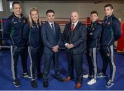 27 April 2017; Bernard Dunne, centre, pictured at his announcement as the High Performance Director for Irish Athletic Boxing Association, with Fergal Carruth, CEO of the IABA, and boxers, from left, Darren O'Neill, Christina Desmond, Brendan Irvine, and Joe Ward, at the Sport Ireland National Sports Campus in Abbotstown, Dublin. Photo by Seb Daly/Sportsfile