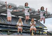 27 April 2017; In attendance at the launch of the John West Féile competitions in Croke Park are, Johnwest Ambassadors, Monaghan ladies footballer Eimear McAnespie and Carlow Camogie player Kate Nolan, seated, with local GAA players, from left, Hannah Crowley, Lauren Dawson and Aimee Clyne-Farrelly of Lucan Sarsfields GAA Club, Co Dublin. This is the second year that the Féile na nGael and Féile Peile na nÓg have been sponsored by John West, one of the world’s leading suppliers of fish. They were joined by ambassadors; Dublin footballer Philly McMahon and Wexford hurler Lee Chin as well as Monaghan Ladies footballer Eimear McAnespie and Carlow camogie player Kate Nolan. The highly-anticipated competition gives up-and-coming GAA superstars the chance to participate and play in their respective Féile tournament, at a level which suits their age, skills and strengths. Croke Park, Dublin. Photo by Sam Barnes/Sportsfile