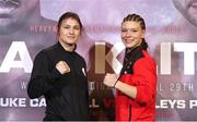 27 April 2017; Katie Taylor, left, and Nina Meinke during a press conference at Wembley Arena in London, England. Photo by Lawrence Lustig/Sportsfile