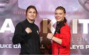 27 April 2017; Katie Taylor, left, and Nina Meinke during a press conference at Wembley Arena in London, England. Photo by Lawrence Lustig/Sportsfile