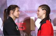 27 April 2017; Katie Taylor, left, and Nina Meinke during a press conference at Wembley Arena in London, England. Photo by Lawrence Lustig/Sportsfile
