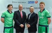 27 April 2017; Turkish Airlines has been unveiled as the new headline sponsor of the senior men's international team at a ceremony in Dublin today. Initially for one year, the exciting partnership ensures Turkish Airlines involvement with the Irish squad throughout the upcoming busy season with the option to extend for a further two years to 2020. In attendance at the announcement are, from left, Ed Joyce, Warren Deutrom, CEO, Cricket Ireland, Hasan Mutlu, General Manager, Turkish Airlines in Dublin, and Kevin O'Brien. Photo by Brendan Moran/Sportsfile