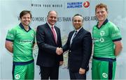 27 April 2017; Turkish Airlines has been unveiled as the new headline sponsor of the senior men's international team at a ceremony in Dublin today. Initially for one year, the exciting partnership ensures Turkish Airlines involvement with the Irish squad throughout the upcoming busy season with the option to extend for a further two years to 2020. In attendance at the announcement are, from left, Ed Joyce, Warren Deutrom, CEO, Cricket Ireland, Hasan Mutlu, General Manager, Turkish Airlines in Dublin, and Kevin O'Brien. Photo by Brendan Moran/Sportsfile
