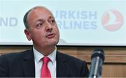 27 April 2017; Turkish Airlines has been unveiled as the new headline sponsor of the senior men's international team at a ceremony in Dublin today. Initially for one year, the exciting partnership ensures Turkish Airlines involvement with the Irish squad throughout the upcoming busy season with the option to extend for a further two years to 2020. In attendance at the announcement is Warren Deutrom, CEO Cricket Ireland. Photo by Brendan Moran/Sportsfile