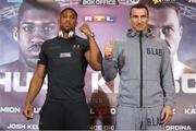 27 April 2017; Anthony Joshua, left, and Wladimir Klitschko during a press conference at Wembley Arena in London, England. Photo by Lawrence Lustig/Sportsfile
