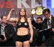 28 April 2017; Katie Taylor during the weigh-in at Wembley Arena in London, England. Photo by Lawrence Lustig/Sportsfile