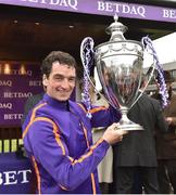 28 April 2017; Patrick Mullins with the cup after winning the BETDAQ Punchestown Champion Handicap at Punchestown Racecourse in Naas, Co. Kildare. Photo by Matt Browne/Sportsfile