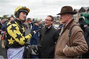 28 April 2017; Jockey Patrick Mullins, left, and trainer Willie Mullins in discussion after winning the Tattersalls Ireland Champion Novice Hurdle with Bacardys at Punchestown Racecourse in Naas, Co. Kildare. Photo by Seb Daly/Sportsfile