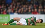 28 April 2017; Sean Maguire of Cork City holding his shoulder after being fouled by John Sullivan of Bray Wanderers during the SSE Airtricity League Premier Division match between Cork City and Bray Wanderers at Turner's Cross in Cork. Photo by Eóin Noonan/Sportsfile