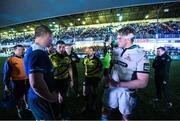28 April 2017; Referee Marius Mitrea speaks with Leinster captain Ross Molony and Glasgow Warriors co-captain Jonny Gray after a power failure during the Guinness PRO12 Round 21 match between Leinster and Glasgow Warriors at the RDS Arena in Dublin. Photo by Stephen McCarthy/Sportsfile