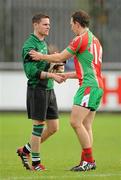 22 October 2011; Stephen Cluxton, Parnells, shakes hands with Kevin Leahy, Ballymun Kickhams, after the game. Dublin County Senior Football Championship Quarter-Final, Parnells v Ballymun Kickhams, Parnell Park, Dublin. Picture credit: Brendan Moran / SPORTSFILE