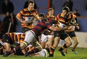 28 October 2011; Paddy O'Driscoll, Lansdowne, is tackled by Simon Crawford, Clontarf. Ulster Bank League Division 1A, Clontarf v Lansdowne, Castle Avenue, Clontarf, Dublin. Picture credit: Pat Murphy / SPORTSFILE