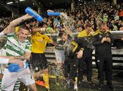 28 October 2011; Shamrock Rovers players Gary McCabe, left, and Richard Brush, second form left, celebrate at the end of the game after been presented with Airtricity League Premier Division trophy. Airtricity League Premier Division, Shamrock Rovers v Galway United, Tallaght Stadium, Tallaght, Co. Dublin. Picture credit: David Maher / SPORTSFILE