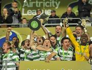 28 October 2011; Shamrock Rovers players celebrate as captain Dan Murray lifts the Airticity League trophy. Airtricity League Premier Division, Shamrock Rovers v Galway United, Tallaght Stadium, Tallaght, Co. Dublin. Picture credit: Pat Murphy / SPORTSFILE