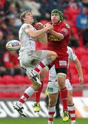 29 October 2011; Andrew Trimble, Ulster, and Ben Morgan, Scarlets, contest a high ball. Celtic League, Scarlets v Ulster, Parc Y Scarlets, Llanelli, Wales. Picture credit: Steve Pope / SPORTSFILE