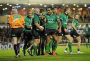 29 October 2011; Adrian Flavin, Connacht, is congratulated by team-mates Henry Fa'afili, right, and Fetu'u Vainikolo, left, after scoring his side's second try. Celtic League, Connacht v Cardiff Blues, Sportsground, Galway. Picture credit: Diarmuid Greene / SPORTSFILE