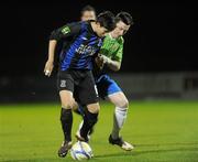 29 October 2011; Roy King, Athlone Town, in action against Declan O'Brien, Monaghan United. Airtricity League First Division, Athlone Town v Monaghan United, Lisseywollen, Athlone, Co. Westmeath. Picture credit: Pat Murphy / SPORTSFILE