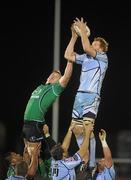 29 October 2011; Paul Tito, Cardiff Blues, wins possession for his side in the line-out ahead of TJ Anderson, Connacht. Celtic League, Connacht v Cardiff Blues, Sportsground, Galway. Picture credit: Diarmuid Greene / SPORTSFILE