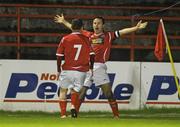29 October 2011; David Cassidy, Shelbourne, celebrates after scoring his side's first goal with team-mate Barry Clancy, left. Airtricity League First Division, Shelbourne v Cork City, Tolka Park, Dublin. Photo by Sportsfile