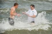 30 October 2011;Tommy Walsh, left, and Michael Murphy splash about as members of the Ireland  International Rules Series 2011 team relax on St Kilda Beach, Melbourne Bay, Australia. Picture credit: Ray McManus / SPORTSFILE