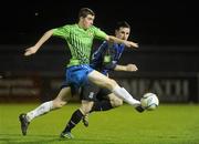 29 October 2011; Jordan Keegan, Monaghan United, in action against Declan Fallon, Athlone Town. Airtricity League First Division, Athlone Town v Monaghan United, Lisseywollen, Athlone, Co. Westmeath. Picture credit: Pat Murphy / SPORTSFILE