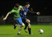 29 October 2011; Declan Fallon, Athlone Town, in action against Jordan Keegan, Monaghan United. Airtricity League First Division, Athlone Town v Monaghan United, Lisseywollen, Athlone, Co. Westmeath. Picture credit: Pat Murphy / SPORTSFILE