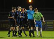 29 October 2011; Keith Quinn, Monaghan United, is shown the red card by referee Keith Callinan. Airtricity League First Division, Athlone Town v Monaghan United, Lisseywollen, Athlone, Co. Westmeath. Picture credit: Pat Murphy / SPORTSFILE