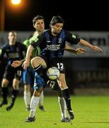 29 October 2011; Tommy Barrett, Athlone Town, in action against William McDonagh, Monaghan United. Airtricity League First Division, Athlone Town v Monaghan United, Lisseywollen, Athlone, Co. Westmeath. Picture credit: Pat Murphy / SPORTSFILE