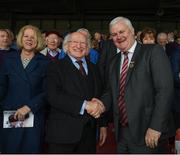 23 April 2017; The President of Ireland, Michael D Higgins, shakes hands with Uachtarán Chumann Lúthchleas Aogán Ó Fearghail after the Allianz Hurling League Division 1 Final match between Galway and Tipperary at Gaelic Grounds, in Limerick. Photo by Ray McManus/Sportsfile