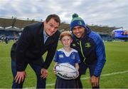 28 April 2017; Leinster matchday mascot Eóin Simpson, age 7, with Rhys Ruddock and Isa Nacewa of Leinster prior to the Guinness PRO12 Round 21 match between Leinster and Glasgow Warriors at the RDS Arena in Dublin. Photo by Stephen McCarthy/Sportsfile