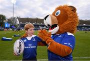 28 April 2017; Leinster matchday mascot Eóin Simpson, age 7, with Leo The Lion prior to the Guinness PRO12 Round 21 match between Leinster and Glasgow Warriors at the RDS Arena in Dublin. Photo by Stephen McCarthy/Sportsfile