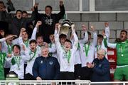 29 April 2017; Tramore AFC captain Lee Kavanagh lifts the cup as his team-mates celebrate after the FAI Umbro U17 Challenge cup final match between Carrigaline United AFC and Tramore AFC at Turners Cross in Cork. Photo by Matt Browne/Sportsfile