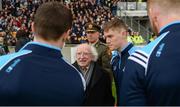 29 April 2017; Con O'Callaghan of Dublin introduces the President of Ireland Michael D. Higgins to his team-mates ahead of the EirGrid All-Ireland U21 Football Final match between Dublin and Galway at O'Connor Park in Tullamore, Dublin. Photo by Cody Glenn/Sportsfile