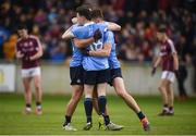 29 April 2017; Dublin players, from left, Chris Sallier, Stephen Smith and  Con O'Callaghan celebrate at the final whistle during the EirGrid All-Ireland U21 Football Final match between Dublin and Galway at O'Connor Park in Tullamore, Dublin. Photo by Cody Glenn/Sportsfile