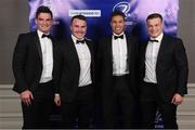 29 April 2017; On arrival at the Leinster Rugby Awards Ball were, from left, Leinster's Tom Daly, Peter Dooley, Adam Byrne, and Josh van der Flier. The Awards, MC’d by Darragh Maloney, were a celebration of the 2016/17 Leinster Rugby season to date and over the course of the evening Leinster Rugby acknowledged the contributions of retirees Mike Ross, Eóin Reddan and Luke Fitzgerald as well as presenting Leinster Rugby caps to departees Bill Dardis, Hayden Triggs, Mike McCarthy, Zane Kirchner and Dominic Ryan. Former Leinster Rugby team doctor Professor Arthur Tanner was posthumously inducted into the Guinness Hall of Fame. Some of the Award winners on the night included; Gonzaga College (Deep River Rock School of the Year), David Hicks, De La Salle Palmerston (Beauchamps Contribution to Leinster Rugby Award), Clontarf FC (CityJet Senior Club of the Year), Coláiste Chill Mhantáin (Irish Independent Development School of the Year Award), Athy RFC (Bank of Ireland Junior Club of the Year). Clayton Hotel, Burlington Road, Dublin 4. Photo by Stephen McCarthy/Sportsfile