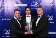 29 April 2017; Joey Carbery, is presented with the Laya Healthcare Young Player of the Year Award by Ken Byrne Corporate Sales Manager Canterbury, left, and Leinster Rugby President Frank Doherty at the Leinster Rugby Awards Ball. The Awards, MC’d by Darragh Maloney, were a celebration of the 2016/17 Leinster Rugby season to date and over the course of the evening Leinster Rugby acknowledged the contributions of retirees Mike Ross, Eóin Reddan and Luke Fitzgerald as well as presenting Leinster Rugby caps to departees Bill Dardis, Hayden Triggs, Mike McCarthy, Zane Kirchner and Dominic Ryan. Former Leinster Rugby team doctor Professor Arthur Tanner was posthumously inducted into the Guinness Hall of Fame. Some of the Award winners on the night included; Gonzaga College (Deep River Rock School of the Year), David Hicks, De La Salle Palmerston (Beauchamps Contribution to Leinster Rugby Award), Clontarf FC (CityJet Senior Club of the Year), Coláiste Chill Mhantáin (Irish Independent Development School of the Year Award), Athy RFC (Bank of Ireland Junior Club of the Year). Clayton Hotel, Burlington Road, Dublin 4. Photo by Stephen McCarthy/Sportsfile