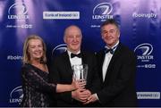 29 April 2017; David Hicks, De La Salle Palmerston, Special Needs Rugby, is presented with the Beauchamps Contribution to Leinster Rugby Award, by Emer Moriarty-Crowley of Beauchamps and Leinster Rugby President Frank Doherty, right, at the Leinster Rugby Awards Ball. The Awards, MC’d by Darragh Maloney, were a celebration of the 2016/17 Leinster Rugby season to date and over the course of the evening Leinster Rugby acknowledged the contributions of retirees Mike Ross, Eóin Reddan and Luke Fitzgerald as well as presenting Leinster Rugby caps to departees Bill Dardis, Hayden Triggs, Mike McCarthy, Zane Kirchner and Dominic Ryan. Former Leinster Rugby team doctor Professor Arthur Tanner was posthumously inducted into the Guinness Hall of Fame. Some of the Award winners on the night included; Gonzaga College (Deep River Rock School of the Year), David Hicks, De La Salle Palmerston (Beauchamps Contribution to Leinster Rugby Award), Clontarf FC (CityJet Senior Club of the Year), Coláiste Chill Mhantáin (Irish Independent Development School of the Year Award), Athy RFC (Bank of Ireland Junior Club of the Year). Clayton Hotel, Burlington Road, Dublin 4. Photo by Stephen McCarthy/Sportsfile