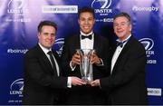 29 April 2017; Adam Byrne is presented with the Irish Independent Try of the Year Award by Geoff Lyons, Group Marketing Director Independent News and Media, and Leinster Rugby President Frank Doherty, right, at the Leinster Rugby Awards Ball. The Awards, MC’d by Darragh Maloney, were a celebration of the 2016/17 Leinster Rugby season to date and over the course of the evening Leinster Rugby acknowledged the contributions of retirees Mike Ross, Eóin Reddan and Luke Fitzgerald as well as presenting Leinster Rugby caps to departees Bill Dardis, Hayden Triggs, Mike McCarthy, Zane Kirchner and Dominic Ryan. Former Leinster Rugby team doctor Professor Arthur Tanner was posthumously inducted into the Guinness Hall of Fame. Some of the Award winners on the night included; Gonzaga College (Deep River Rock School of the Year), David Hicks, De La Salle Palmerston (Beauchamps Contribution to Leinster Rugby Award), Clontarf FC (CityJet Senior Club of the Year), Coláiste Chill Mhantáin (Irish Independent Development School of the Year Award), Athy RFC (Bank of Ireland Junior Club of the Year). Professional award winners on the night included Laya Healthcare Young Player of the Year - Joey Carbery, Life Style Sports Supporters Player of the Year - Isa Nacewa, Canterbury Tackle of the Year – Isa Nacewa, Irish Independnet Try of the Year – Adam Byrne and Bank of Ireland Players’ Player of the Year – Luke McGrath. Clayton Hotel, Burlington Road, Dublin 4. Photo by Stephen McCarthy/Sportsfile