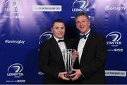 29 April 2017; Joe Duffy, Games Master Colásite Chill Mhantáin, is presented with the Irish Independent Development School Award by Leinster Rugby President Frank Doherty, right, at the Leinster Rugby Awards Ball. The Awards, MC’d by Darragh Maloney, were a celebration of the 2016/17 Leinster Rugby season to date and over the course of the evening Leinster Rugby acknowledged the contributions of retirees Mike Ross, Eóin Reddan and Luke Fitzgerald as well as presenting Leinster Rugby caps to departees Bill Dardis, Hayden Triggs, Mike McCarthy, Zane Kirchner and Dominic Ryan. Former Leinster Rugby team doctor Professor Arthur Tanner was posthumously inducted into the Guinness Hall of Fame. Some of the Award winners on the night included; Gonzaga College (Deep River Rock School of the Year), David Hicks, De La Salle Palmerston (Beauchamps Contribution to Leinster Rugby Award), Clontarf FC (CityJet Senior Club of the Year), Coláiste Chill Mhantáin (Irish Independent Development School of the Year Award), Athy RFC (Bank of Ireland Junior Club of the Year). Professional award winners on the night included Laya Healthcare Young Player of the Year - Joey Carbery, Life Style Sports Supporters Player of the Year - Isa Nacewa, Canterbury Tackle of the Year – Isa Nacewa, Irish Independnet Try of the Year – Adam Byrne and Bank of Ireland Players’ Player of the Year – Luke McGrath. Clayton Hotel, Burlington Road, Dublin 4. Photo by Stephen McCarthy/Sportsfile