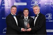 29 April 2017; Luke McGrath is presented with his Bank of Ireland Player’s Player of the Year Award by Leinster Rugby President Frank Doherty, left, and Mark Cunningham, Director of Business Banking at Bank of Ireland, at the Leinster Rugby Awards Ball. The Awards, MC’d by Darragh Maloney, were a celebration of the 2016/17 Leinster Rugby season to date and over the course of the evening Leinster Rugby acknowledged the contributions of retirees Mike Ross, Eóin Reddan and Luke Fitzgerald as well as presenting Leinster Rugby caps to departees Bill Dardis, Hayden Triggs, Mike McCarthy, Zane Kirchner and Dominic Ryan. Former Leinster Rugby team doctor Professor Arthur Tanner was posthumously inducted into the Guinness Hall of Fame. Some of the Award winners on the night included; Gonzaga College (Deep River Rock School of the Year), David Hicks, De La Salle Palmerston (Beauchamps Contribution to Leinster Rugby Award), Clontarf FC (CityJet Senior Club of the Year), Coláiste Chill Mhantáin (Irish Independent Development School of the Year Award), Athy RFC (Bank of Ireland Junior Club of the Year). Professional award winners on the night included Laya Healthcare Young Player of the Year - Joey Carbery, Life Style Sports Supporters Player of the Year - Isa Nacewa, Canterbury Tackle of the Year – Isa Nacewa, Irish Independnet Try of the Year – Adam Byrne and Bank of Ireland Players’ Player of the Year – Luke McGrath. Clayton Hotel, Burlington Road, Dublin 4. Photo by Stephen McCarthy/Sportsfile
