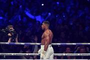 29 April 2017, Anthony Joshua steps away after knocking Wladimir Klitschko down for the second time during their Heavyweight Championship contest for the IBF, IBO Heavyweight and WBA Super Heavyweight Championships of the World at Wembley Stadium, in London, England. Photo by Brendan Moran/Sportsfile