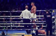29 April 2017, Anthony Joshua steps away after knocking Wladimir Klitschko down for the second time during their Heavyweight Championship contest for the IBF, IBO Heavyweight and WBA Super Heavyweight Championships of the World at Wembley Stadium, in London, England. Photo by Brendan Moran/Sportsfile
