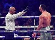 29 April 2017, Referee David Fields gives a standing count to Wladimir Klitschko during their Heavyweight Championship contest for the IBF, IBO Heavyweight and WBA Super Heavyweight Championships of the World at Wembley Stadium, in London, England. Photo by Brendan Moran/Sportsfile