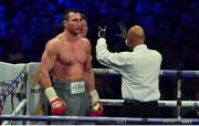 29 April 2017; Referee David Fields gives a standing count to Wladimir Klitschko during their Heavyweight Championship contest for the IBF, IBO Heavyweight and WBA Super Heavyweight Championships of the World at Wembley Stadium, in London, England. Photo by Brendan Moran/Sportsfile