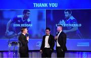 29 April 2017; Former Leinster players Eóin Reddan and Luke Fitzgerald, right, with MC Darragh Maloney, left, at the Leinster Rugby Awards Ball. The Awards, MC’d by Darragh Maloney, were a celebration of the 2016/17 Leinster Rugby season to date and over the course of the evening Leinster Rugby acknowledged the contributions of retirees Mike Ross, Eóin Reddan and Luke Fitzgerald as well as presenting Leinster Rugby caps to departees Bill Dardis, Hayden Triggs, Mike McCarthy, Zane Kirchner and Dominic Ryan. Former Leinster Rugby team doctor Professor Arthur Tanner was posthumously inducted into the Guinness Hall of Fame. Some of the Award winners on the night included; Gonzaga College (Deep River Rock School of the Year), David Hicks, De La Salle Palmerston (Beauchamps Contribution to Leinster Rugby Award), Clontarf FC (CityJet Senior Club of the Year), Coláiste Chill Mhantáin (Irish Independent Development School of the Year Award), Athy RFC (Bank of Ireland Junior Club of the Year). Professional award winners on the night included Laya Healthcare Young Player of the Year - Joey Carbery, Life Style Sports Supporters Player of the Year - Isa Nacewa, Canterbury Tackle of the Year – Isa Nacewa, Irish Independnet Try of the Year – Adam Byrne and Bank of Ireland Players’ Player of the Year – Luke McGrath. Clayton Hotel, Burlington Road, Dublin 4. Photo by Stephen McCarthy/Sportsfile