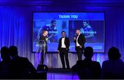 29 April 2017; Former Leinster players Eóin Reddan and Luke Fitzgerald, right, with MC Darragh Maloney, left, at the Leinster Rugby Awards Ball. The Awards, MC’d by Darragh Maloney, were a celebration of the 2016/17 Leinster Rugby season to date and over the course of the evening Leinster Rugby acknowledged the contributions of retirees Mike Ross, Eóin Reddan and Luke Fitzgerald as well as presenting Leinster Rugby caps to departees Bill Dardis, Hayden Triggs, Mike McCarthy, Zane Kirchner and Dominic Ryan. Former Leinster Rugby team doctor Professor Arthur Tanner was posthumously inducted into the Guinness Hall of Fame. Some of the Award winners on the night included; Gonzaga College (Deep River Rock School of the Year), David Hicks, De La Salle Palmerston (Beauchamps Contribution to Leinster Rugby Award), Clontarf FC (CityJet Senior Club of the Year), Coláiste Chill Mhantáin (Irish Independent Development School of the Year Award), Athy RFC (Bank of Ireland Junior Club of the Year). Professional award winners on the night included Laya Healthcare Young Player of the Year - Joey Carbery, Life Style Sports Supporters Player of the Year - Isa Nacewa, Canterbury Tackle of the Year – Isa Nacewa, Irish Independnet Try of the Year – Adam Byrne and Bank of Ireland Players’ Player of the Year – Luke McGrath. Clayton Hotel, Burlington Road, Dublin 4. Photo by Stephen McCarthy/Sportsfile