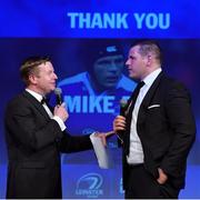 29 April 2017; Leinster's Mike Ross, right, with MC Darragh Maloney at the Leinster Rugby Awards Ball. The Awards, MC’d by Darragh Maloney, were a celebration of the 2016/17 Leinster Rugby season to date and over the course of the evening Leinster Rugby acknowledged the contributions of retirees Mike Ross, Eóin Reddan and Luke Fitzgerald as well as presenting Leinster Rugby caps to departees Bill Dardis, Hayden Triggs, Mike McCarthy, Zane Kirchner and Dominic Ryan. Former Leinster Rugby team doctor Professor Arthur Tanner was posthumously inducted into the Guinness Hall of Fame. Some of the Award winners on the night included; Gonzaga College (Deep River Rock School of the Year), David Hicks, De La Salle Palmerston (Beauchamps Contribution to Leinster Rugby Award), Clontarf FC (CityJet Senior Club of the Year), Coláiste Chill Mhantáin (Irish Independent Development School of the Year Award), Athy RFC (Bank of Ireland Junior Club of the Year). Professional award winners on the night included Laya Healthcare Young Player of the Year - Joey Carbery, Life Style Sports Supporters Player of the Year - Isa Nacewa, Canterbury Tackle of the Year – Isa Nacewa, Irish Independnet Try of the Year – Adam Byrne and Bank of Ireland Players’ Player of the Year – Luke McGrath. Clayton Hotel, Burlington Road, Dublin 4. Photo by Stephen McCarthy/Sportsfile