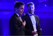 29 April 2017; Former Leinster players Eóin Reddan, left, and Luke Fitzgerald at the Leinster Rugby Awards Ball. The Awards, MC’d by Darragh Maloney, were a celebration of the 2016/17 Leinster Rugby season to date and over the course of the evening Leinster Rugby acknowledged the contributions of retirees Mike Ross, Eóin Reddan and Luke Fitzgerald as well as presenting Leinster Rugby caps to departees Bill Dardis, Hayden Triggs, Mike McCarthy, Zane Kirchner and Dominic Ryan. Former Leinster Rugby team doctor Professor Arthur Tanner was posthumously inducted into the Guinness Hall of Fame. Some of the Award winners on the night included; Gonzaga College (Deep River Rock School of the Year), David Hicks, De La Salle Palmerston (Beauchamps Contribution to Leinster Rugby Award), Clontarf FC (CityJet Senior Club of the Year), Coláiste Chill Mhantáin (Irish Independent Development School of the Year Award), Athy RFC (Bank of Ireland Junior Club of the Year). Professional award winners on the night included Laya Healthcare Young Player of the Year - Joey Carbery, Life Style Sports Supporters Player of the Year - Isa Nacewa, Canterbury Tackle of the Year – Isa Nacewa, Irish Independnet Try of the Year – Adam Byrne and Bank of Ireland Players’ Player of the Year – Luke McGrath. Clayton Hotel, Burlington Road, Dublin 4. Photo by Stephen McCarthy/Sportsfile